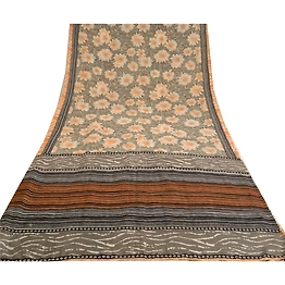 Sanskriti Vintage Grey Indian Sarees Pure Crepe Silk Printed Sari Craft Fabric, PRC-19658