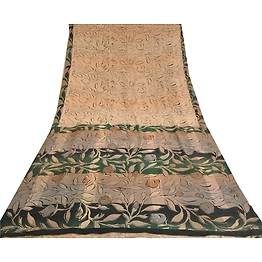Sanskriti Vintage Sarees Pale-Cream Pure Crepe Silk Printed Sari Craft Fabric, PRC-19322