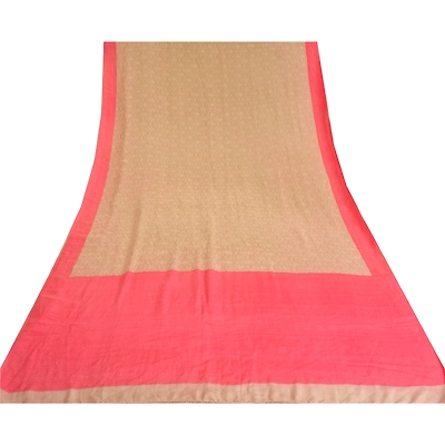 Sanskriti Vintage Sarees Cream/Pink Pure Crepe Silk Printed Sari Craft Fabric, PRC-19678
