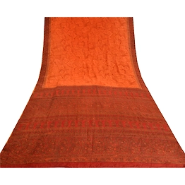 Sanskriti Vintage Sarees Saffron/Orange Pure Crepe Silk Print Sari Craft Fabric, PRC-19680