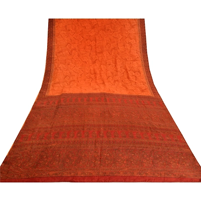 Sanskriti Vintage Sarees Saffron/Orange Pure Crepe Silk Print Sari Craft Fabric, PRC-19680