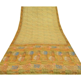Sanskriti Vintage Indian Sarees Printed Pure Crepe Silk Sari Craft Soft Fabric, PRC-3161
