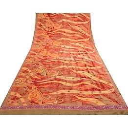 Sanskriti Vintage Sarees Red Hand Beaded Pure Crepe Silk Printed Sari 5Yd Fabric, PRC-18751