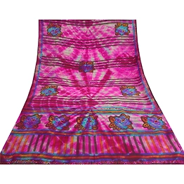 Sanskriti Vintage Pink Tie-Dye Sarees 100% Pure Crepe Silk Sari 5Yd Craft Fabric, PRC-17346