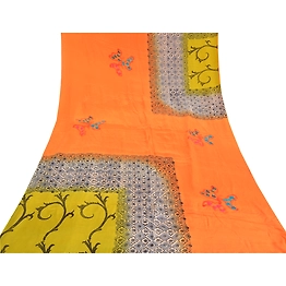 Sanskriti Vintage Orange Sarees Pure Crepe Silk Printed Sari 5Yd Craft Fabric, PRC-16957