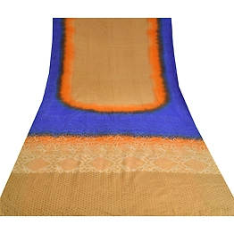 Sanskriti Vintage Sarees From India Beige Pure Crepe Silk Printed Sari Fabric, PRC-18964