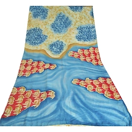 Sanskriti Vintage Sarees Cream & Blue Pure Crepe Silk Printed Sari Craft Fabric, PRC-19129