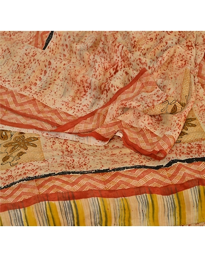 Sanskriti Vintage Cream Sarees Pure Crepe Silk Floral Printed Sari Craft Fabric, PRC-10146-Cream-Printed Floral-Pure Crepe Silk-1