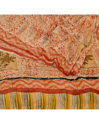 Sanskriti Vintage Cream Sarees Pure Crepe Silk Floral Printed Sari Craft Fabric, PRC-10146-Cream-Printed Floral-Pure Crepe Silk-2