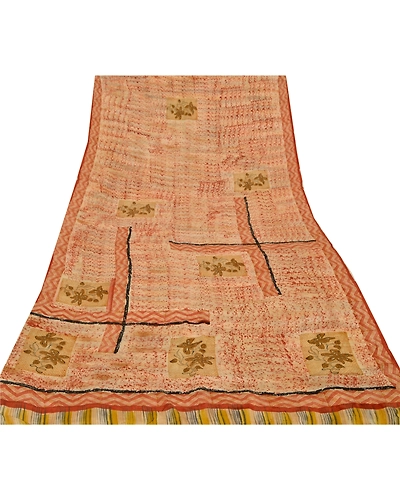 Sanskriti Vintage Cream Sarees Pure Crepe Silk Floral Printed Sari Craft Fabric, PRC-10146-Cream-Printed Floral-Pure Crepe Silk-7
