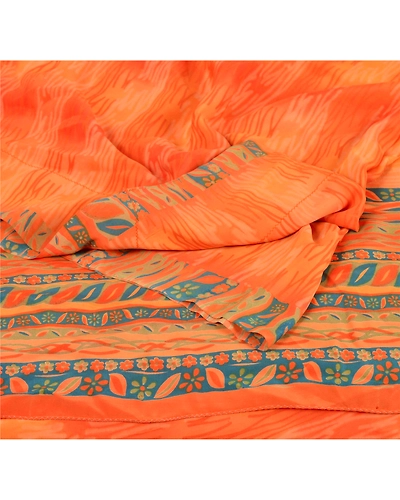 Sanskriti Vintage Orange Sarees 100% Pure Crepe Silk Printed Fabric Sari Craft, PRC-10462-Orange-Printed Floral-Pure Crepe Silk-1