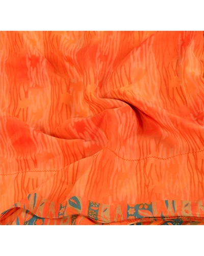 Sanskriti Vintage Orange Sarees 100% Pure Crepe Silk Printed Fabric Sari Craft, PRC-10462-Orange-Printed Floral-Pure Crepe Silk-4