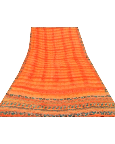 Sanskriti Vintage Orange Sarees 100% Pure Crepe Silk Printed Fabric Sari Craft, PRC-10462-Orange-Printed Floral-Pure Crepe Silk-7