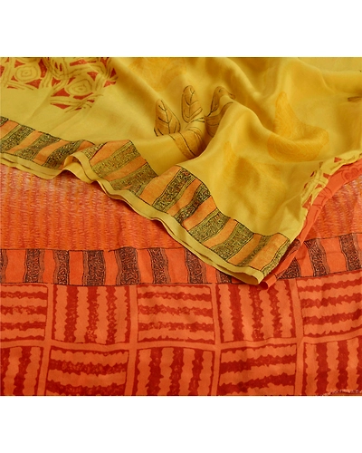 Sanskriti Vintage Yellow Sarees 100% Pure Crepe Silk Printed Sari Soft Fabric, PRC-10680-Yellow-Printed Floral-Pure Crepe Silk-2