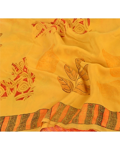 Sanskriti Vintage Yellow Sarees 100% Pure Crepe Silk Printed Sari Soft Fabric, PRC-10680-Yellow-Printed Floral-Pure Crepe Silk-4
