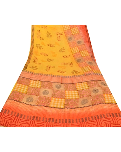 Sanskriti Vintage Yellow Sarees 100% Pure Crepe Silk Printed Sari Soft Fabric, PRC-10680-Yellow-Printed Floral-Pure Crepe Silk-7