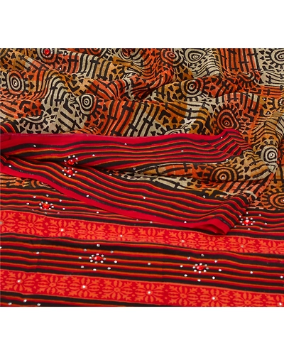 Sanskriti Vintage Orange Sarees Pure Crepe Silk Printed Fabric 5 Yd Craft Sari, PRC-11356-Orange-Printed Floral-Pure Crepe Silk-1