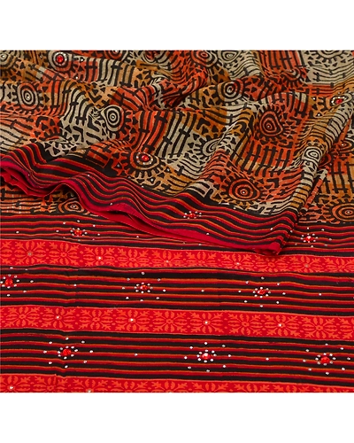 Sanskriti Vintage Orange Sarees Pure Crepe Silk Printed Fabric 5 Yd Craft Sari, PRC-11356-Orange-Printed Floral-Pure Crepe Silk-2