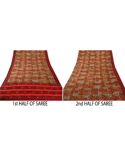 Sanskriti Vintage Orange Sarees Pure Crepe Silk Printed Fabric 5 Yd Craft Sari, PRC-11356-Orange-Printed Floral-Pure Crepe Silk-3