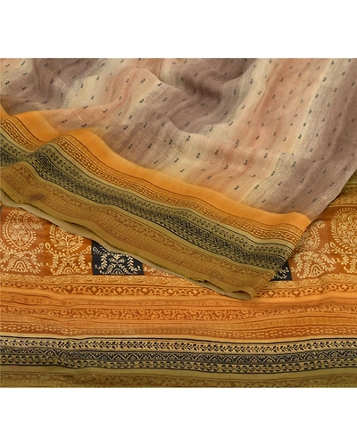 Sanskriti Vintage Cream Sarees Pure Crepe Silk Printed Sari Craft 5 Yard Fabric, PRC-11660-Cream-Printed Floral-Pure Crepe Silk-2
