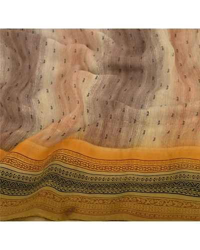 Sanskriti Vintage Cream Sarees Pure Crepe Silk Printed Sari Craft 5 Yard Fabric, PRC-11660-Cream-Printed Floral-Pure Crepe Silk-4