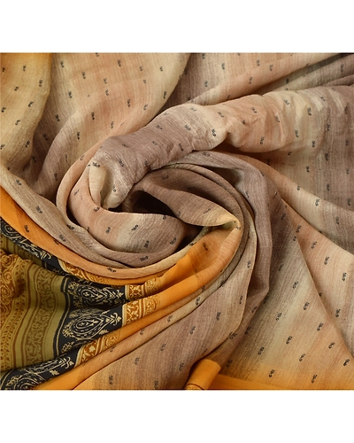 Sanskriti Vintage Cream Sarees Pure Crepe Silk Printed Sari Craft 5 Yard Fabric, PRC-11660-Cream-Printed Floral-Pure Crepe Silk-5