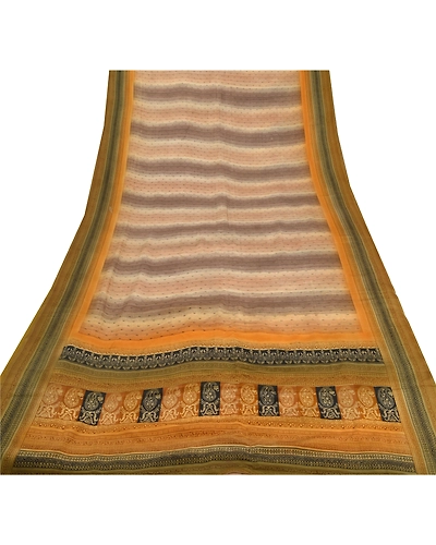 Sanskriti Vintage Cream Sarees Pure Crepe Silk Printed Sari Craft 5 Yard Fabric, PRC-11660-Cream-Printed Floral-Pure Crepe Silk-7