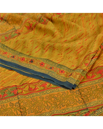 Sanskriti Vintage Green Sarees 100% Pure Crepe Silk Printed Sari Craft Fabric, PRC-12534-Green-Printed Floral Design-Pure Crepe Silk-1