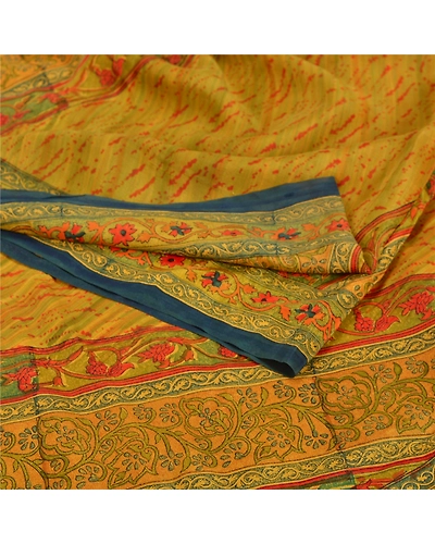 Sanskriti Vintage Green Sarees 100% Pure Crepe Silk Printed Sari Craft Fabric, PRC-12534-Green-Printed Floral Design-Pure Crepe Silk-2