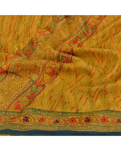 Sanskriti Vintage Green Sarees 100% Pure Crepe Silk Printed Sari Craft Fabric, PRC-12534-Green-Printed Floral Design-Pure Crepe Silk-3