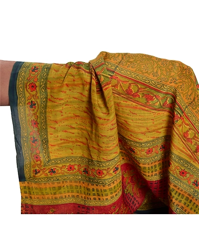 Sanskriti Vintage Green Sarees 100% Pure Crepe Silk Printed Sari Craft Fabric, PRC-12534-Green-Printed Floral Design-Pure Crepe Silk-5