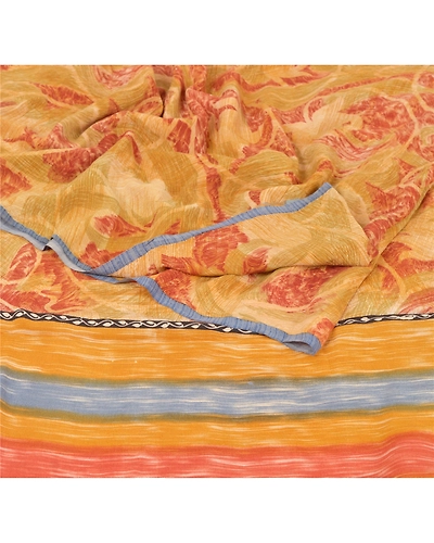 Sanskriti Vintage Red Indian Sari Pure Crepe Silk Printed Sarees Craft Fabric, PRC-12621-Red-Printed Floral Design-Pure Crepe Silk-2