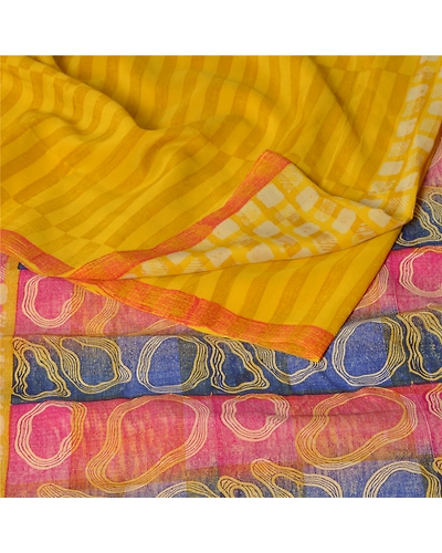 Sanskriti Vintage Yellow Sarees 100% Pure Crepe Silk Printed Sari Craft Fabric, PRC-12887-Yellow-Printed Floral-Pure Crepe Silk-2