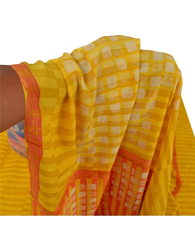 Sanskriti Vintage Yellow Sarees 100% Pure Crepe Silk Printed Sari Craft Fabric, PRC-12887-Yellow-Printed Floral-Pure Crepe Silk-3