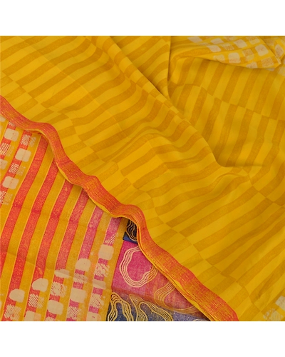 Sanskriti Vintage Yellow Sarees 100% Pure Crepe Silk Printed Sari Craft Fabric, PRC-12887-Yellow-Printed Floral-Pure Crepe Silk-5