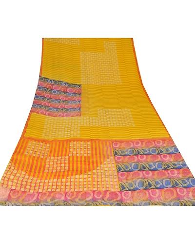 Sanskriti Vintage Yellow Sarees 100% Pure Crepe Silk Printed Sari Craft Fabric, PRC-12887-Yellow-Printed Floral-Pure Crepe Silk-8