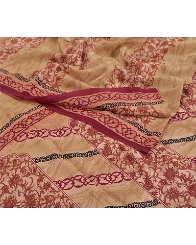 Sanskriti Vintage Cream Sari Pure Crepe Silk Printed Sarees Craft Fabric, PRC-12988-Cream-Printed Floral-Pure Crepe Silk-1