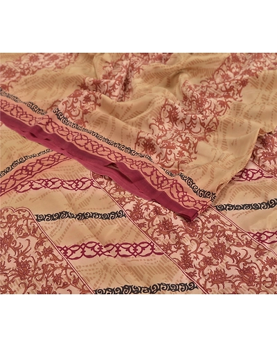 Sanskriti Vintage Cream Sari Pure Crepe Silk Printed Sarees Craft Fabric, PRC-12988-Cream-Printed Floral-Pure Crepe Silk-2