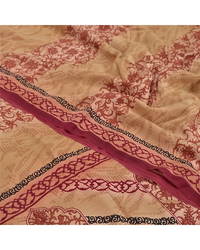 Sanskriti Vintage Cream Sari Pure Crepe Silk Printed Sarees Craft Fabric, PRC-12988-Cream-Printed Floral-Pure Crepe Silk-3