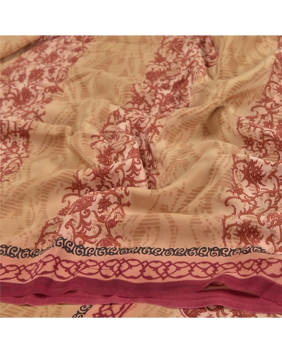Sanskriti Vintage Cream Sari Pure Crepe Silk Printed Sarees Craft Fabric, PRC-12988-Cream-Printed Floral-Pure Crepe Silk-5