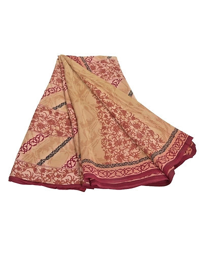 Sanskriti Vintage Cream Sari Pure Crepe Silk Printed Sarees Craft Fabric, PRC-12988-Cream-Printed Floral-Pure Crepe Silk-6
