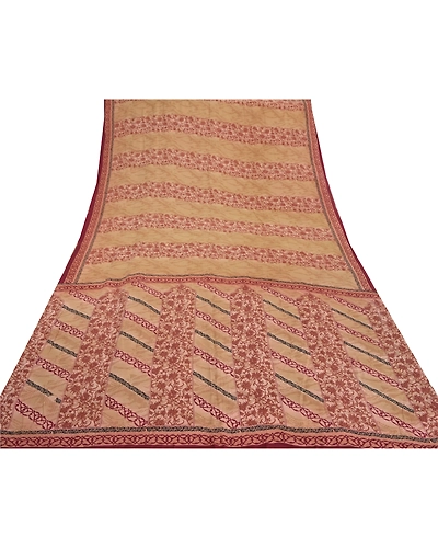 Sanskriti Vintage Cream Sari Pure Crepe Silk Printed Sarees Craft Fabric, PRC-12988-Cream-Printed Floral-Pure Crepe Silk-7