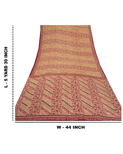 Sanskriti Vintage Cream Sari Pure Crepe Silk Printed Sarees Craft Fabric, PRC-12988-Cream-Printed Floral-Pure Crepe Silk-8