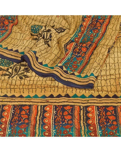 Sanskriti Vintage Brown Sarees 100% Pure Crepe Silk Printed Sari Craft Fabric, PRC-13049-Brown-Printed Floral-Pure Crepe Silk-1