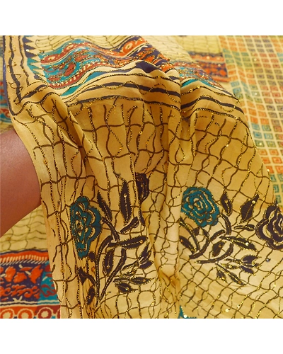 Sanskriti Vintage Brown Sarees 100% Pure Crepe Silk Printed Sari Craft Fabric, PRC-13049-Brown-Printed Floral-Pure Crepe Silk-3