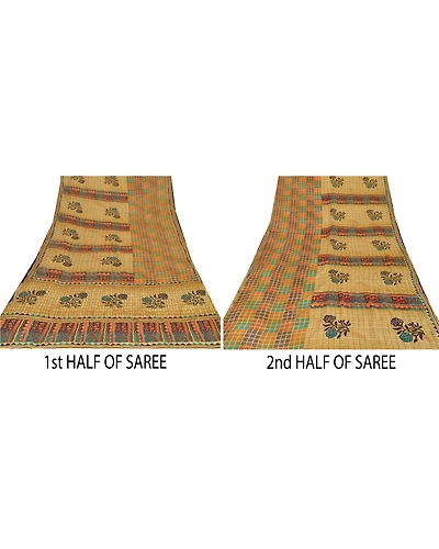 Sanskriti Vintage Brown Sarees 100% Pure Crepe Silk Printed Sari Craft Fabric, PRC-13049-Brown-Printed Floral-Pure Crepe Silk-4