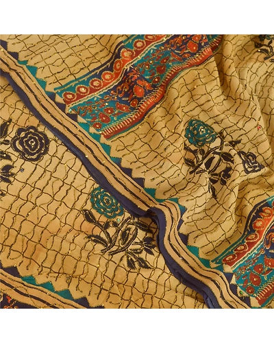 Sanskriti Vintage Brown Sarees 100% Pure Crepe Silk Printed Sari Craft Fabric, PRC-13049-Brown-Printed Floral-Pure Crepe Silk-5