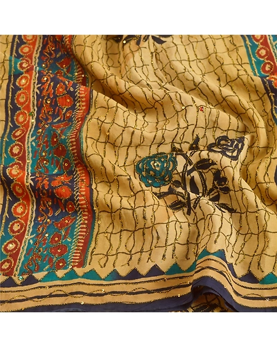 Sanskriti Vintage Brown Sarees 100% Pure Crepe Silk Printed Sari Craft Fabric, PRC-13049-Brown-Printed Floral-Pure Crepe Silk-6
