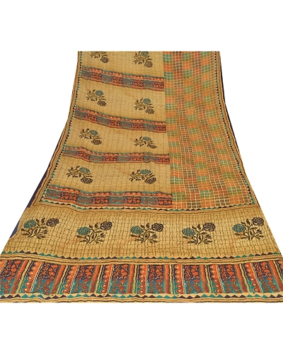 Sanskriti Vintage Brown Sarees 100% Pure Crepe Silk Printed Sari Craft Fabric, PRC-13049-Brown-Printed Floral-Pure Crepe Silk-8