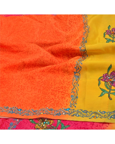 Sanskriti Vintage Indian Sari 100% Pure Crepe Silk Fabric Craft Printed Sarees, PRC-13273-Multi Color-Printed Floral-Pure Crepe Silk-5